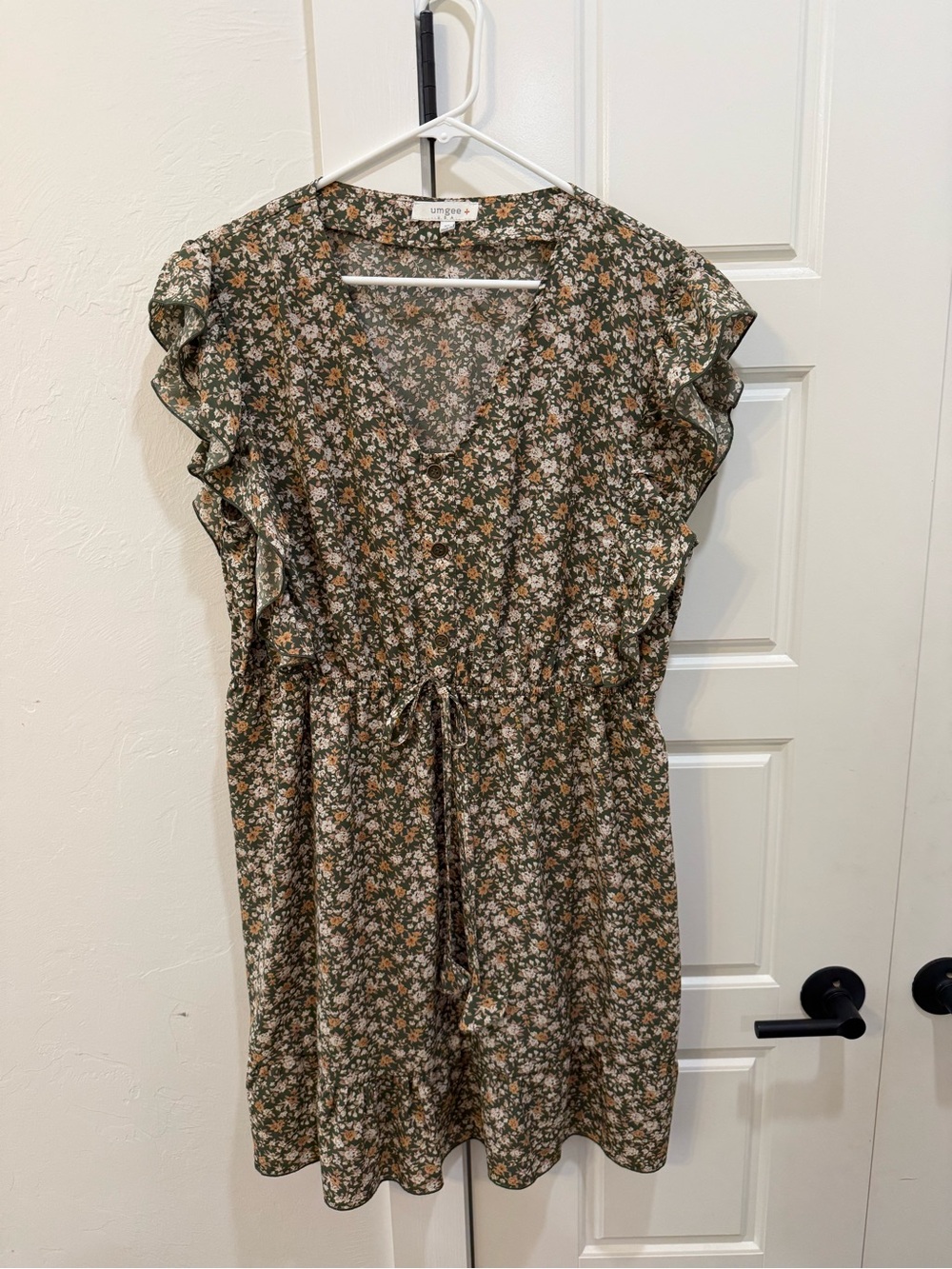 Umgee Olive Floral Ruffle Sleeve Mini Dress